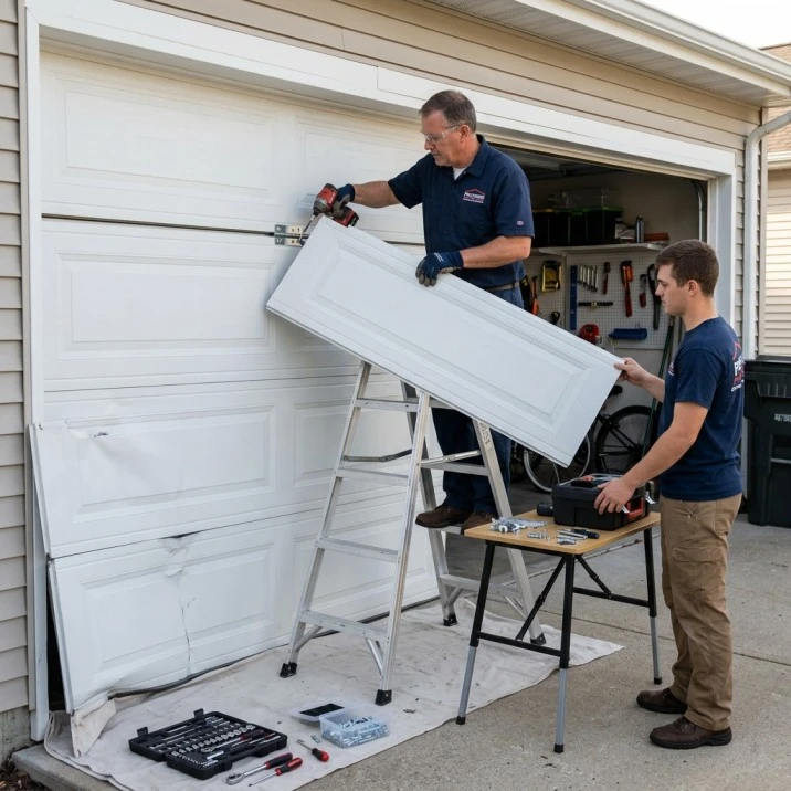 Technician installing a garage door panel in Tuscaloosa