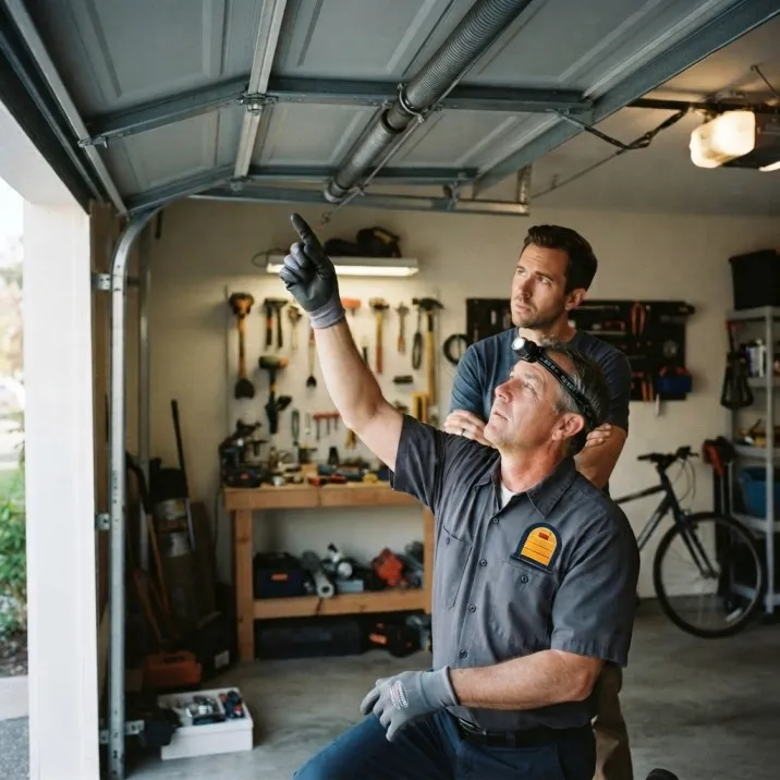 Technician examining equipment during a service visit