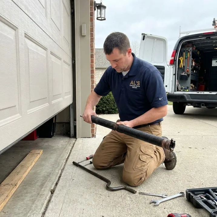 Garage door repair technician working on a residential garage door in Northport Alabama