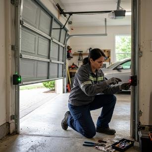 Misaligned Safety Sensors → Door reversing on close; realigned photo eyes & confirmed safety system