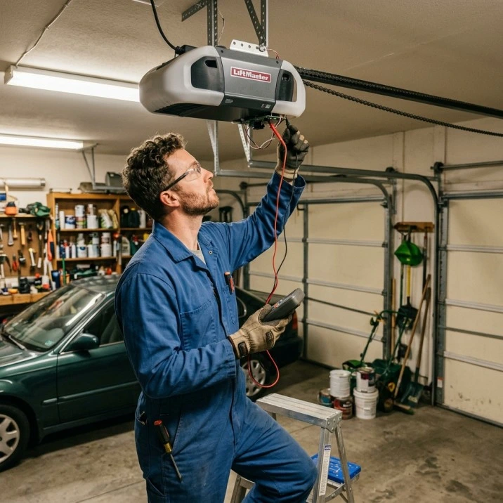 Technician inspecting a residential garage door opener