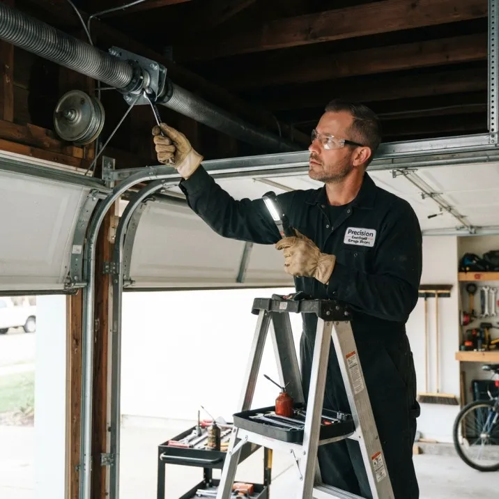 Garage door technician inspecting spring system