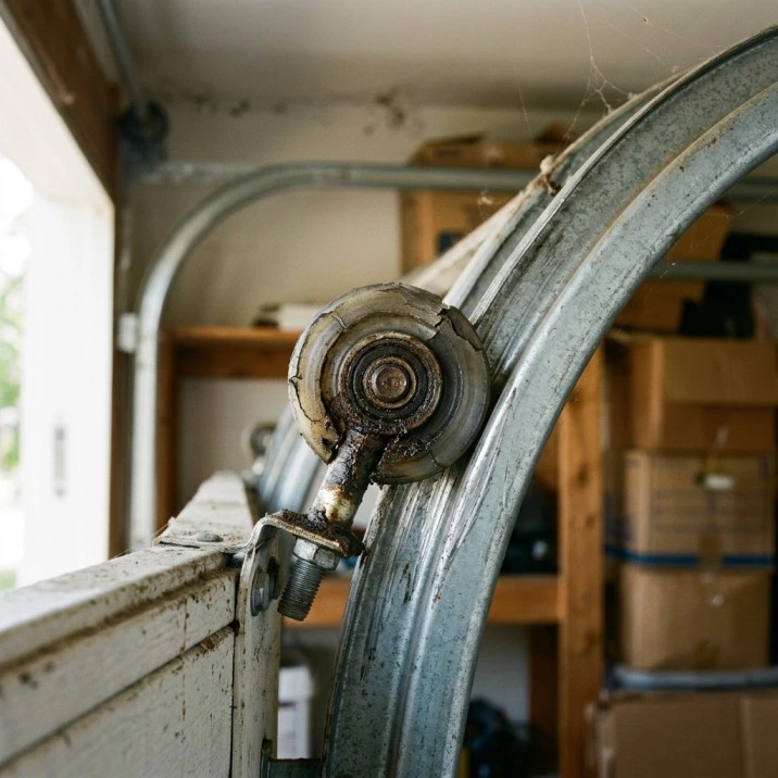 Worn garage door rollers requiring replacement