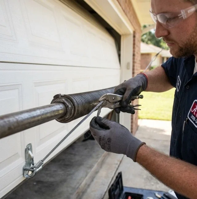 Damaged garage door cable requiring professional repair in Tuscaloosa Alabama