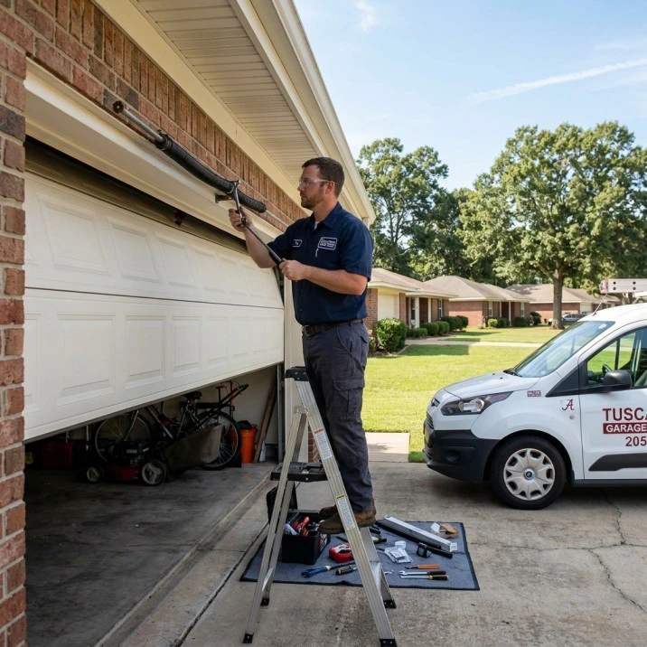 Garage door technician inspecting a residential garage door